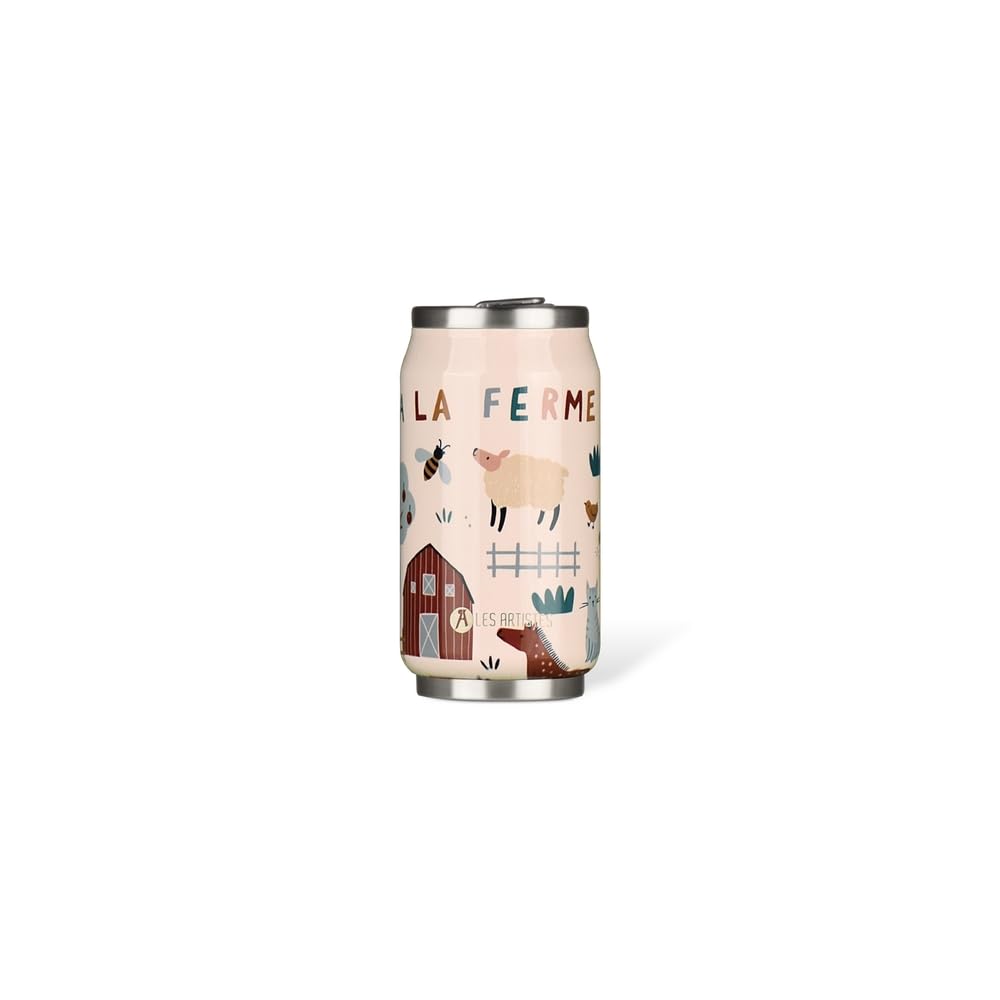 LES ARTISTES Paris A-4340, Insulated Can, isothermal 280ml, BPA-Free Insulated Bottle, Reusable, Flip Spout with Straw, Stainless Steel, Farm Design