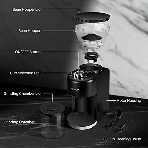 Secura Conical Burr Coffee Grinder, Adjustable Burr Mill with 35 Grind