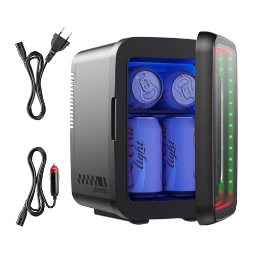 Upstreman Mini Fridge for Bedroom, 4 Liter/6 Cans, Mini Fridge with Infinite Lights, Cooling, 12V/220V, Mini Gaming Fridge for Game Room, Dorm, Car, Black, TR4-S