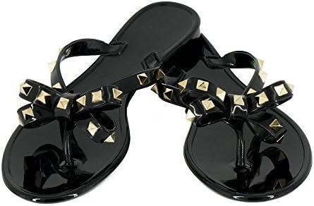 TENGYUFLY Womens Rivets Bowtie Flip Flops Jelly Thong Sandal Rubber Flat Summer Beach Rain Shoes
