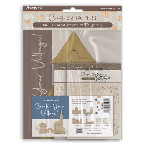 Stamperia - Crafty Shapes and Decorative Chips for Scrapbooks, Albums, and Bullet Journals, Create Your Village, Perfect for Crafts and Gifting (4 x Crafty Shapes, 2 x Decorative Chips) (Silent Sea)