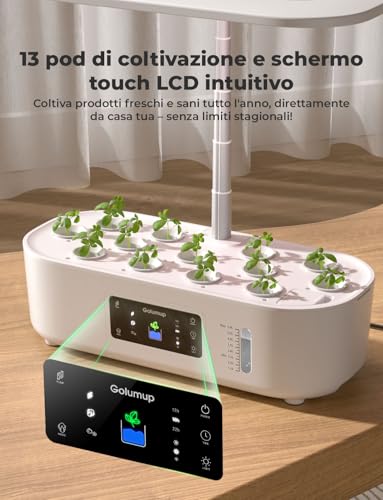 GOLUMUP 13 Pods Hydroponic Greenhouse, Smart Garden with Dual Grow Modes, with LED Grow Light, Automatic Timer, Adjustable Height, White