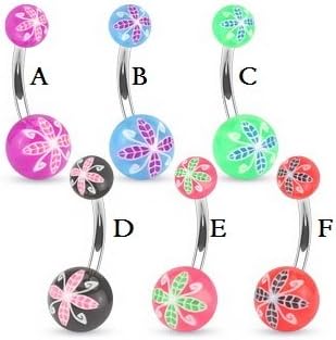 Neon Lime Green &amp; Periwinkle Blue Chinese Floral Clover Flower Print Belly Button Naval Ring "C"