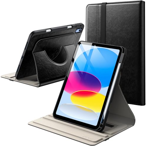 JETech Funda Giratoria para iPad (A16) 11.ª/10.ª Generación (2025/2022) con Soporte para Pencil, Carcasa Folio Cuero PU Rotación 360 Grados (Negro)