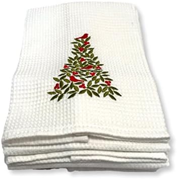 Embroidered Waffle Weave Holiday Kitchen Towels Dish Cloth 4-Pack, 100% Cotton, Super Absorbent, 18 by 27 Inch - Modern Colorful Printed Dish Towels - Christmas Tree