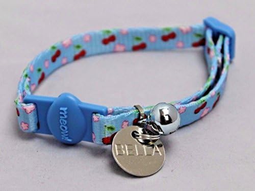 Whisker City (SALE) CAT/KITTEN BLUE WITH RED CHERRYS PRINT COLLAR & 20MM NICKEL PLATED DOUBLE SIDED ID TAG