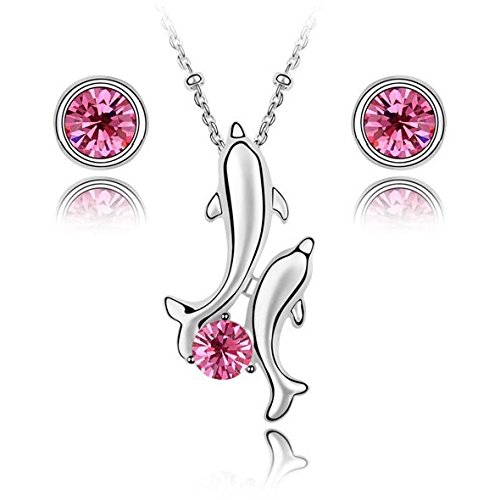 Crystalline Azuria Women Girls 18ct White Gold Plated Pink Rose Crystals Jewellery Set Dolphin Pendant Necklace Stud Earrings