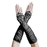 ZaZa Bridal Gathered Satin Fingerless Gloves w/ Floral Embroidery Lace & Sequins-Black