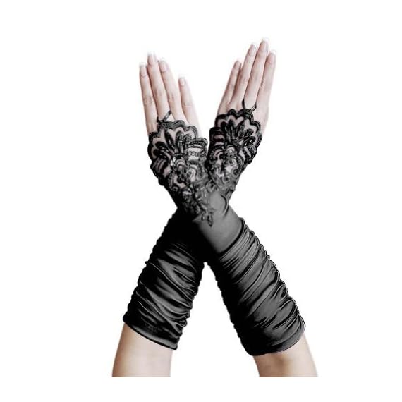 ZaZa-Bridal-Gathered-Satin-Fingerless-Gloves-wFloral-Embroidery-Lace-Sequins-Black