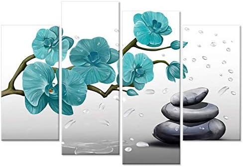 Hello Artwork 4 Panel Butterfly Orchid Canvas Print Wall Art Teal Blue Flower With Drop Of Water Zen Stones Spa Still Of Life Picture Print On Canvas For Living Room Decor Stretched