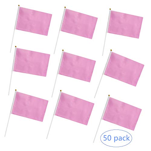 tibijoy 50 Pack Pink Stick Flags, Hand Held Small Pink Flags On Stick,Perfect Decorations Themed Party,Sports Clubs,Festival Events,Garden,Golf Course,Playground,Flower Pot