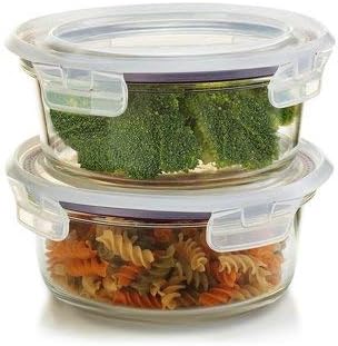 Ikoo Borosilicate Glass Microwavable Air Tight, Leak Resistant Round Food Storage Container with Lid 400 ml(Glass) - Set of 2
