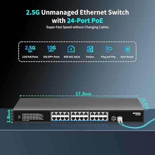NICGIGA 24 Port 2.5G Unmanaged Switch with 24×2.5Gb Base-T PoE+ (400W) + 2x10G SFP+ Uplink, IEEE802.3af/at Ethernet Switch, Support WiFi6 AP, NAS, 4K PoE Cameras, NVR