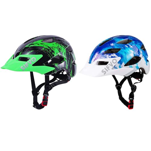 2 Pack Kids Helmet, SIFVO Boys and Girls Bike Helmet with Cool Visor Helmet for Kids 5-14, Adjustable & Lightweight 50-57cm(Navy Blue+Black Green)