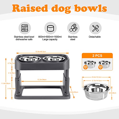 Elevated Dog Bowls Adjustable 4 Heights with 2 Stainless Steel Dogs