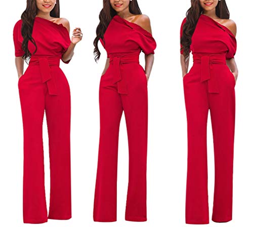 VLUNT Womens Elegant Solid Off Shoulder High Waisted Jumpsuit Romper with Belt for Party Club