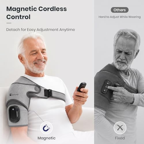 Swancode Triple Method Shoulder Massager with Heat, Vibration and Brace Support, 5000mAh Cordless Shoulder Heating Pad with Magnetic Controller, Shoulder Wrap for Muscle Relief