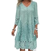 Women's V Neck 3/4 Sleeve Embroidered Midi Dress Boho Lace Trim Washed Tunic Dress Vintage Loose Fit Peasant Dress