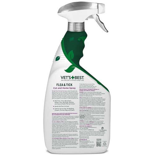 VET’S BEST FLEA & TICK HOME SPRAY FOR CATS – PLANT-BASED FLEA AND TICK TREATMENT WITH COTTON SPICE SCENT – GENTLE FLEA MIST FOR INDOOR USE – MADE IN USA NATURAL CAT FLEA CONTROL – 32 OZ