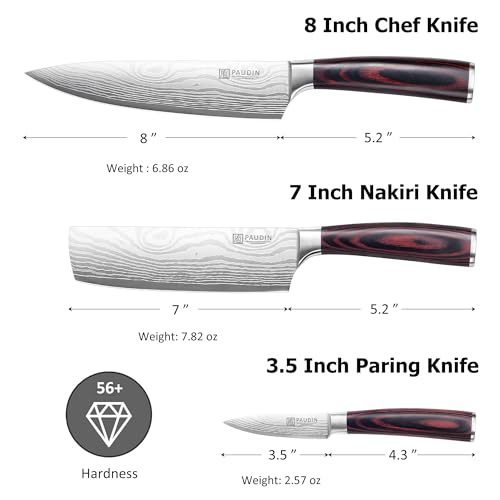 PAUDIN Juego de Cuchillos de Cocina 3 Piezas - Acero Inoxidable de Alto Carbono 5Cr15MoV, Mango Ergonómico de Pakkawood - Set Profesional para Familia y Restaurante - Incluye Caja de Regalo