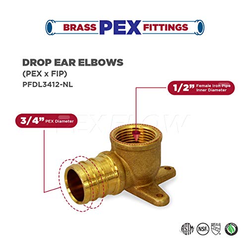 Pexflow PFDL3412-5 PEX Barb X FIP 90 Degree Drop Ear Elbow Pipe Fitting, 3/4x1/2, Brass, Pack of 5