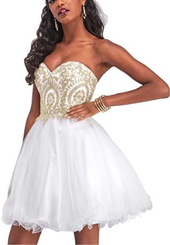 Manfei Short Prom Dress Bridesmaid Party Gowns Gold Appliques