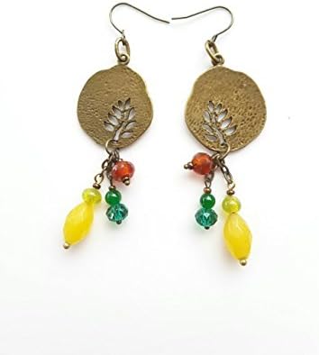 MIX LONG DROP FRETWORK LEAF COIN EARRING WITH YELLOW JADE AND BEADS