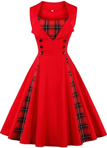 Jiuzhoudeal Women's 1950s Vintage Sleeveless Retro Swing Party Classy Dress (Medium, Red&Plaid)