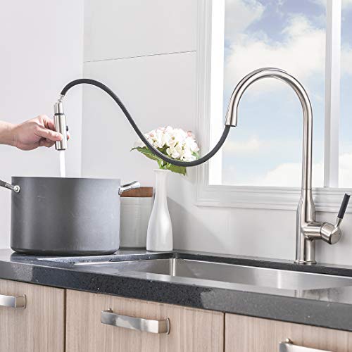 Comllen Commercial Single Handle Pull Down Sprayer Kitchen Faucet,Brushed Nickel Stainless Steel High Arc Kitchen sink Faucet Without Deck Plate