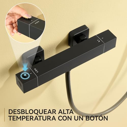 Auralum Grifo Termostático de Ducha, Cuerpo Frío Antiquemaduras con Botón de Seguridad 38°C, Mezclador Termostático de Pared, Cartucho Antical, Centros Ajustables 135-165 mm, Salida G1/2'', Negro