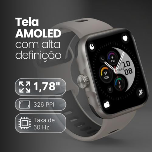 Smartwatch Action com GPS Integrado, Alexa, Tela AMOLED, Strava, Resistência 3ATM, Fitness e Notificações Inteligentes Pulseira Respirável(Prata)