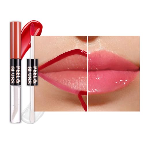 JUAAZIN Dewy Rose Lip Stain Peel Off Lip Gloss oil Dual-Ended Combo, Lips Liner Stain Peel Off Tattoo, Long Lasting & Waterproof, Transfer-Proof Lip Tint Stain with Lip oil for All Skin Type 02#