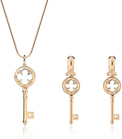 Women 18K Gold Tone Key Shape Pandent Flower Shaper Inside Earring and Necklace Jewelry Set