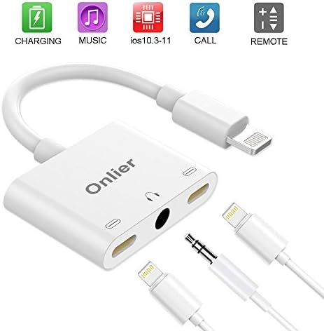 Lightning to 3.5mm Headphone Jack Adapter, Onlier 3 in 1 audio adapter Dual Lightning and Audio Adapter Charge Music Aux Cable Splitter for iPhone X/8/8 plus/7/7 plus