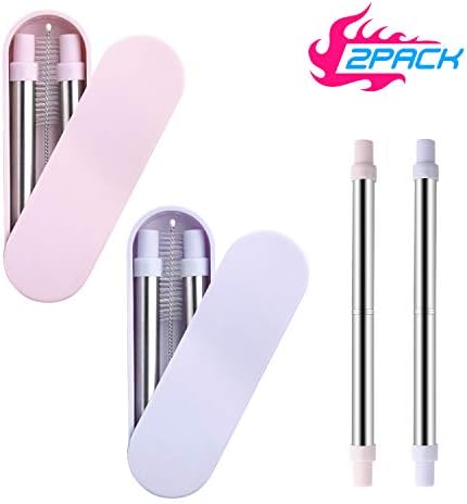 Yassk 2 Pack Reusable Straws 9 inch Telescopic Drinking Stainless Steel Metal Straws with Sliding Case & Cleaning Brush (Pink-Blue)