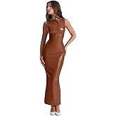 XLLAIS Women's Faux PU Leather Bodycon Maxi Dress Sexy Boatneck Tank Long Dresses
