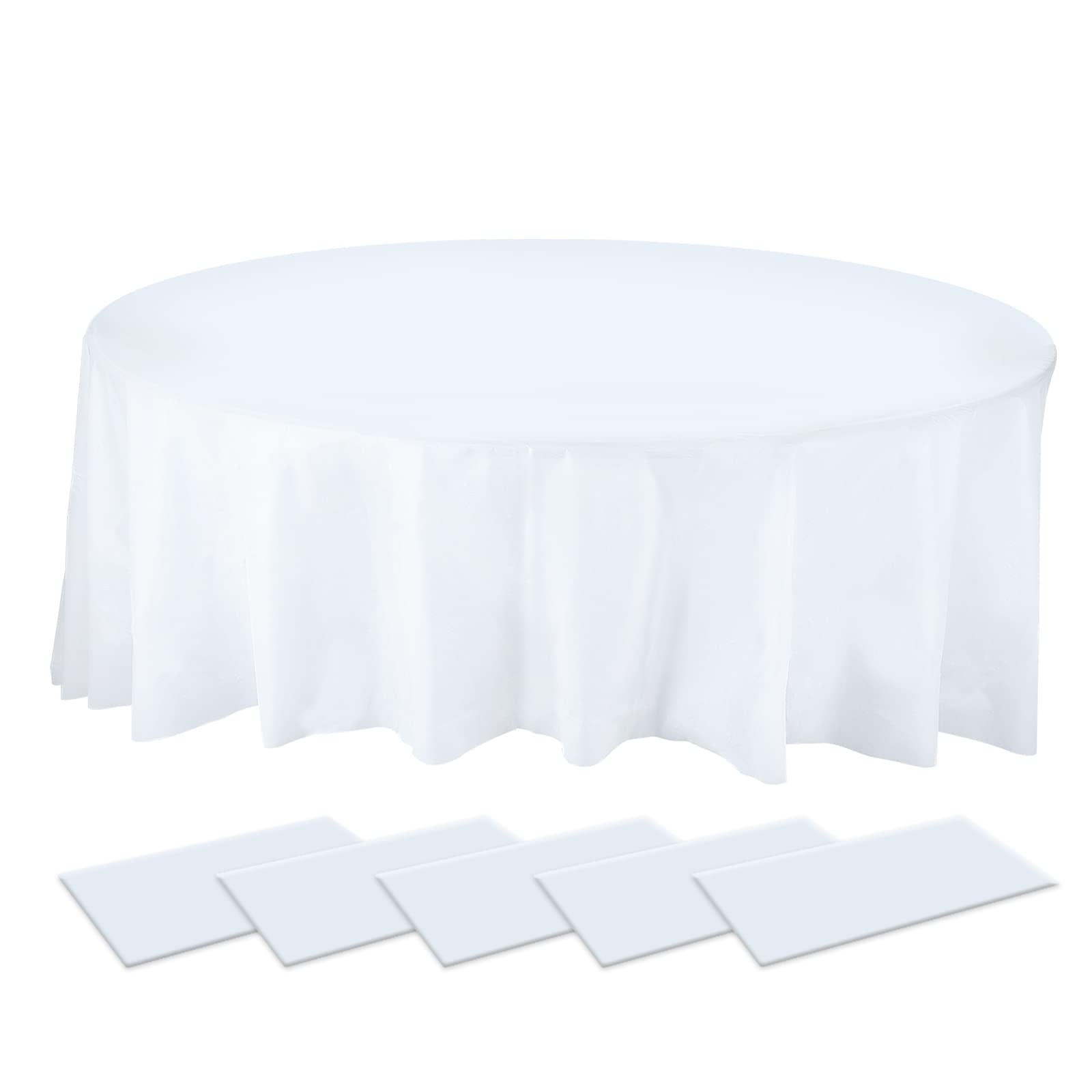 PLULON 5 Pack Round Plastic Tablecloths White Table Cover 84 inch Waterproof PEVA Tablecloth Bulk for Birthday Wedding Picnic Home Party Table Decorations