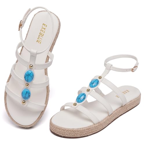 EXEBLUE Women's Bohemian Espadrille Platform Sandals,Open Toe Wedge Sandals with Turquoise Decor, Adjustable Ankle Buckle, Summer Beach Shoes at Amazon