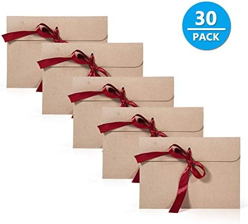 Kraft Envelopes, Comius 30 Pack Handmade Retro Envelopes with Red Ribbons for Invitations, Thanksgiving, Merry Christmas, Wedding, Birthday, Aniversary