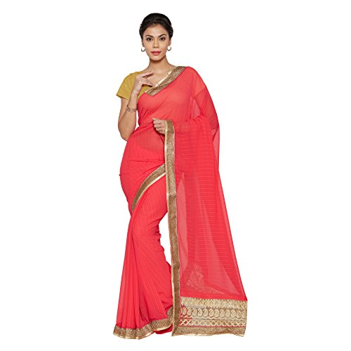 Viva N Diva Peach Chiffon And Net Saree With Unstitched Blouse Piece