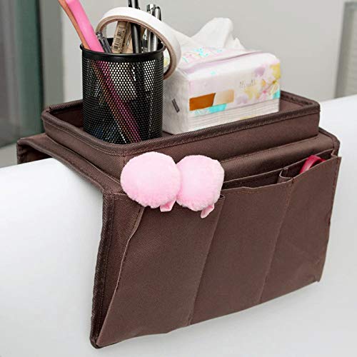 Sofa Armrest Organizer with Cup Holder Couch Tray Armchair Caddy Pockets Storage Arm Rest Chair Desk Sofa Organiser TV Remote Control Holder for Phone Magazine Books Glasses Drinker Snack (Brown)