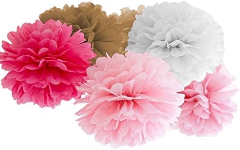 Tissue Paper Pom Poms by Atmos - 20PCS - 8" 10" 14" - 4 Colors Dark & Light Pink, White, Gold, Hanging Flower Ball - Wedding, Birthday, Baby, Bridal Shower, Room decor & Party Decoration