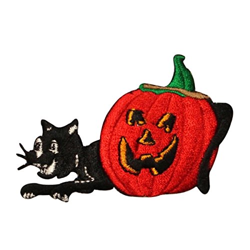 ID 0815 Black Cat and Jack-O-Lantern Patch Halloween Embroidered IronOn Applique