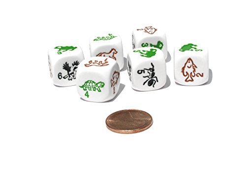 Koplow Games Set of 6 Species 16mm Dice - White with Multi-Color Etched Animals and Numbers