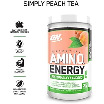 OPTIMUM NUTRITION Naturally Flavored ESSENTIAL AMINO ENERGY, Simply Peach Tea, Keto Friendly Preworkout and Essential Amino Acids with Green Tea and Green Coffee Extract, 7.94 Ounce (Pack of 1)