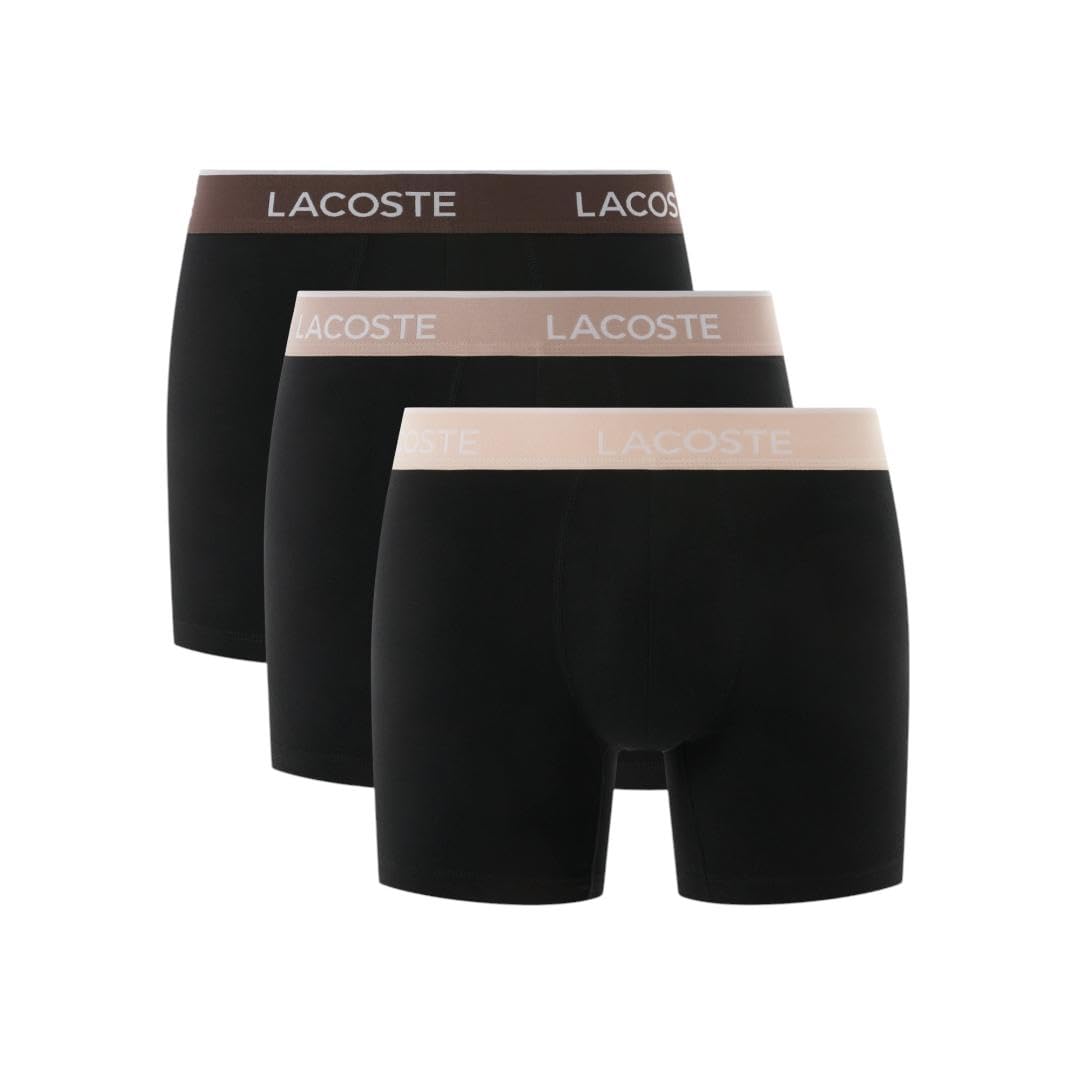 Lacoste Men's Cotton Stretch Essentials Boxer Briefs, 3-Pack, Black with Biscuit/Baguette/Beige Waistbands, X-Small Image Lacoste Men's Cotton Stretch Essentials Boxer Briefs, 3-Pack, Black with Biscuit/Baguette/Beige Waistbands, X-Small Image