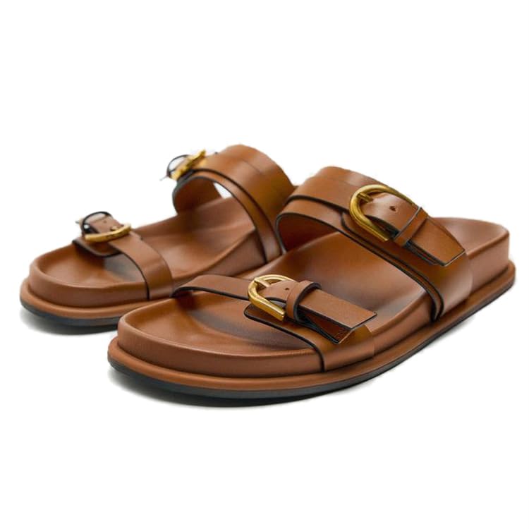 Photo 1 of ***MAJOR DAMAGE*** SAFECAMS Women's Double Buckle Flat Slide Sandals Comfortable Wide Width Open Toe Flat Sandals Slip on Summer Casual Resort Beach Sandal Shoes (Brown,8)
