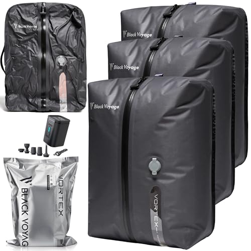 Black Voyage Reusable Vacuum Compression Travel Bag for Carry-On Suitcase and Backpack, Recycled IPX8 Waterproof Space Saver Vacpack (3-Pack, 18L - Pump Included)