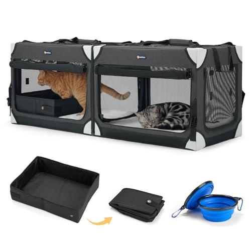 Veehoo Separable Double Cat Carrier for 2 Cats, 2-in-1 Foldable Pet Travel Carrier for 2 Small Dogs, Portable Soft Cat Crate for Indoor Outdoor, with Foldable Litter Box & Bowls, 120×43×43 cm, Black