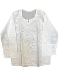 Womens Tunic Top Ivory Floral Hand Embroidered Summer Blouse Bikini Cover Up Large